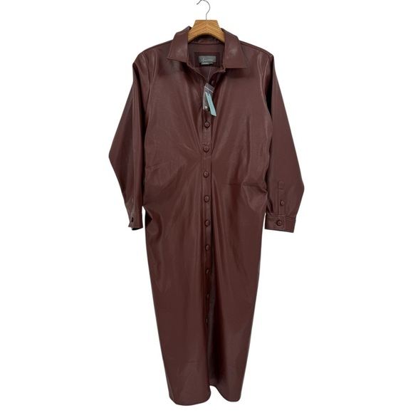 by Anthropologie Fuax Leather Midi Shirt Dress In Brown Size 1X Plus Size - Picture 2 of 15
